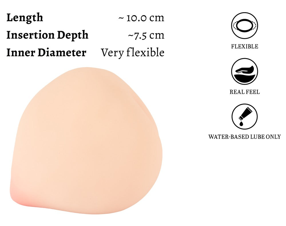 Produktgrafik des beau cœur FELYRA Peach Masturbators mit Angaben zu Gesamtlänge, Einführtiefe und Materialeigenschaften