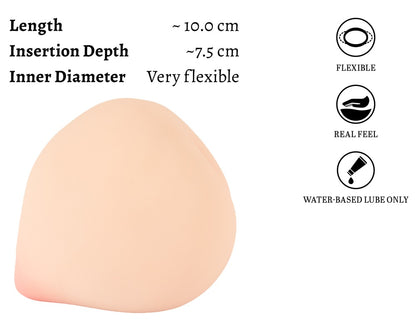 Produktgrafik des beau cœur FELYRA Peach Masturbators mit Angaben zu Gesamtlänge, Einführtiefe und Materialeigenschaften
