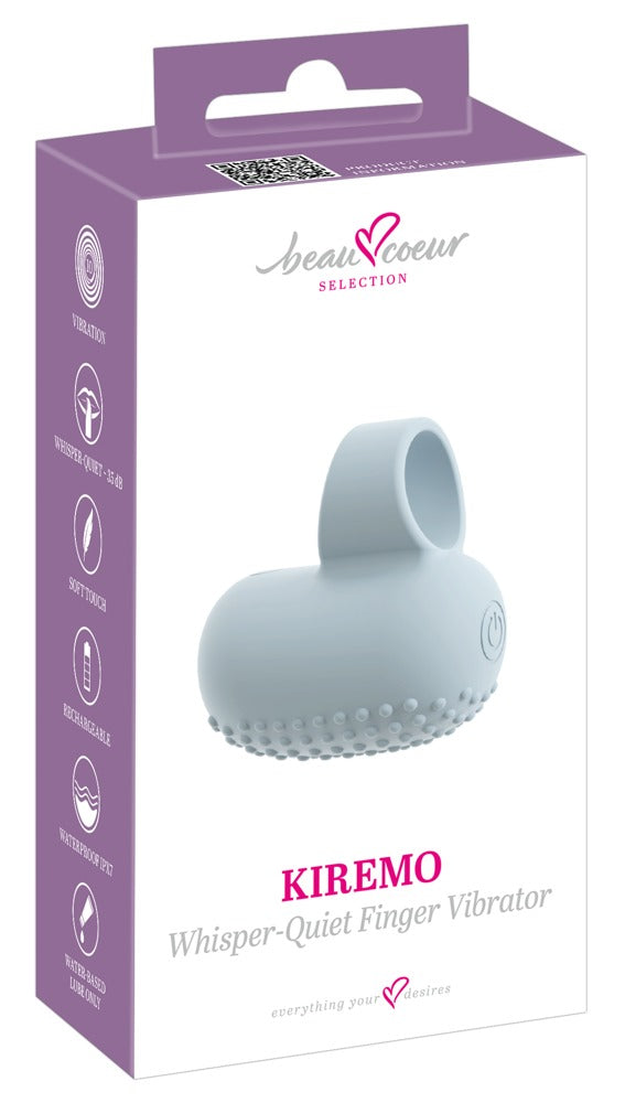 beau cœur KIREMO Fingervibrator mit 10 Vibrationsmodi – Produktansicht zusammen mit der violett-weißen Verpackung