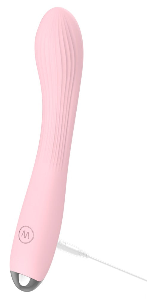 beau cœur KIREYA Curved Vibrator in Rosa – aufrechte Produktansicht mit angeschlossenem Ladekabel
