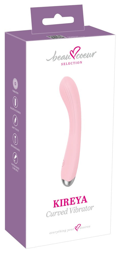 beau cœur KIREYA Curved Vibrator in Rosa – Produktansicht zusammen mit der violett-weißen Verpackung