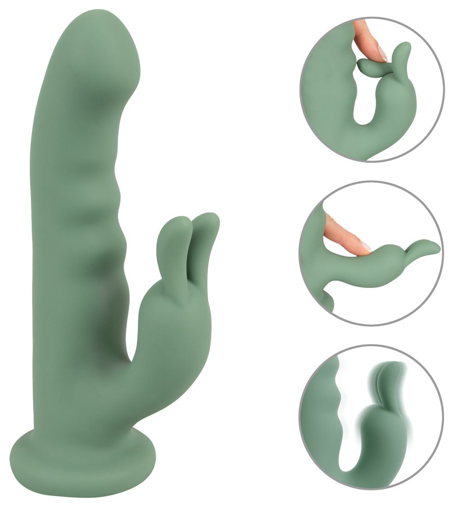 beau cœur LUVIO Rabbit Vibrator in Grün – Produktansicht mit strukturiertem Schaft, seitlichem Stimulationsarm und Detailansichten der flexiblen Form