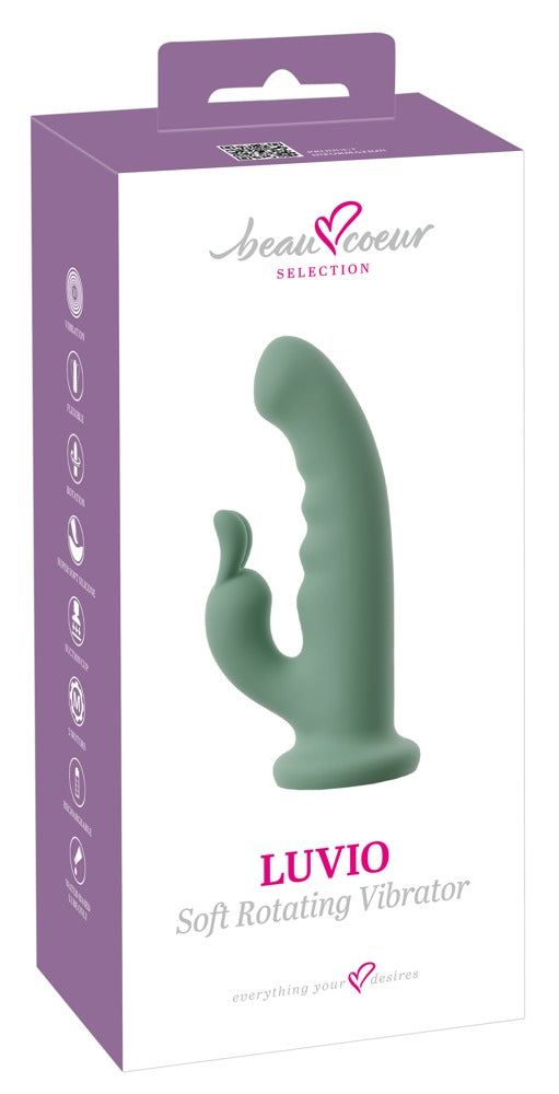 beau cœur LUVIO Rabbit Vibrator mit Rotation und Saugfuß – Produktansicht zusammen mit der violett-weißen Verpackung
