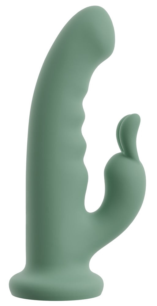 beau cœur LUVIO Rabbit Vibrator in Grün – Seitenansicht mit geschwungenem Schaft, seitlichem Stimulationsarm und Saugfuß