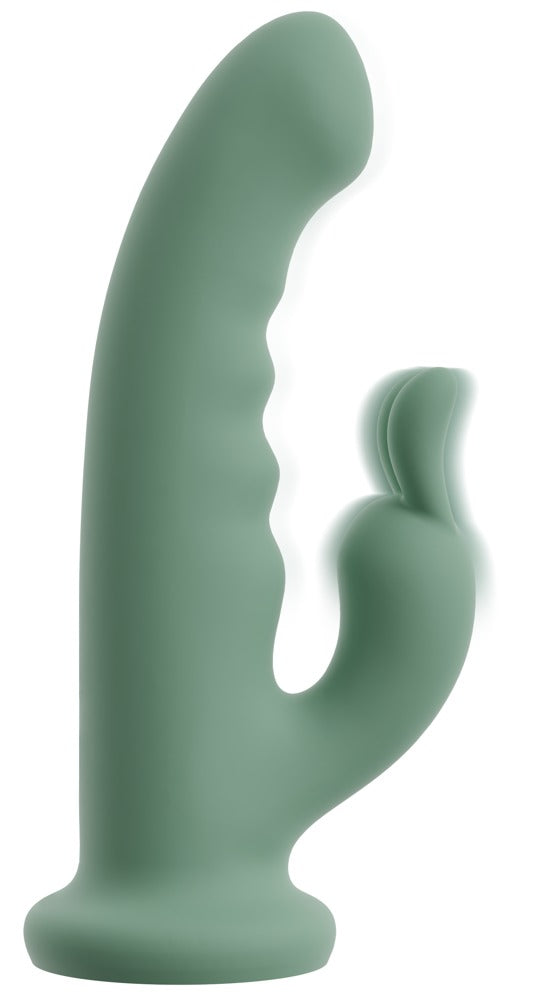 beau cœur LUVIO Rabbit Vibrator in Grün – seitliche Produktansicht mit strukturierter Schaftoberfläche und gebogenem Stimulationsarm