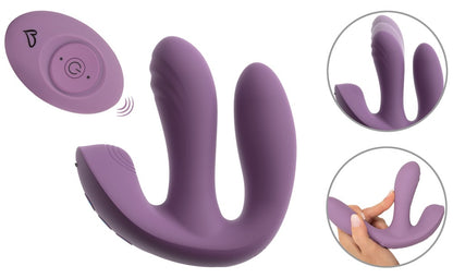 beau cœur MIREVA Triple Vibrator in Lila – Produktansicht mit drei unterschiedlich geformten Stimulationsarmen sowie Detailansichten von Bedienelement und flexibler Form