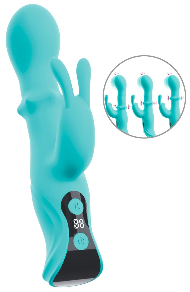 beau coeur ORIVEN 3-Motoren Rabbitvibrator in Türkis in Hauptansicht mit gebogenem Schaft, Bunny-Arm und Slide-Ring-Massage