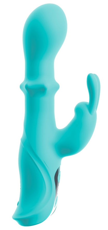 beau coeur ORIVEN Rabbitvibrator in Seitenansicht mit gebogenem Schaft, flexiblem Bunny-Arm und Slide-Ring-Bereich