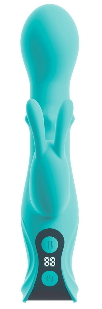 beau coeur ORIVEN Rabbitvibrator in Türkis in Vorderansicht mit strukturiertem Schaft und schwarzem Bedienbereich