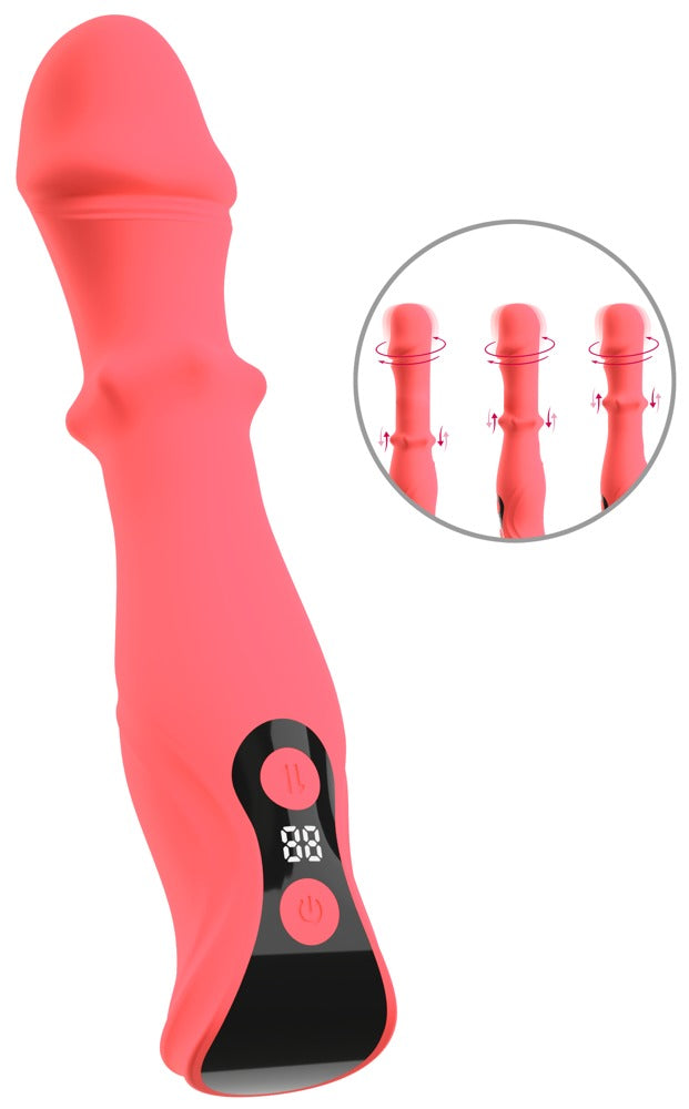 beau coeur ORYVIA 3-Motoren Vibrator in Pink in Hauptansicht mit rotierendem Kopf, Slide Ring und schwarzem Bedienbereich