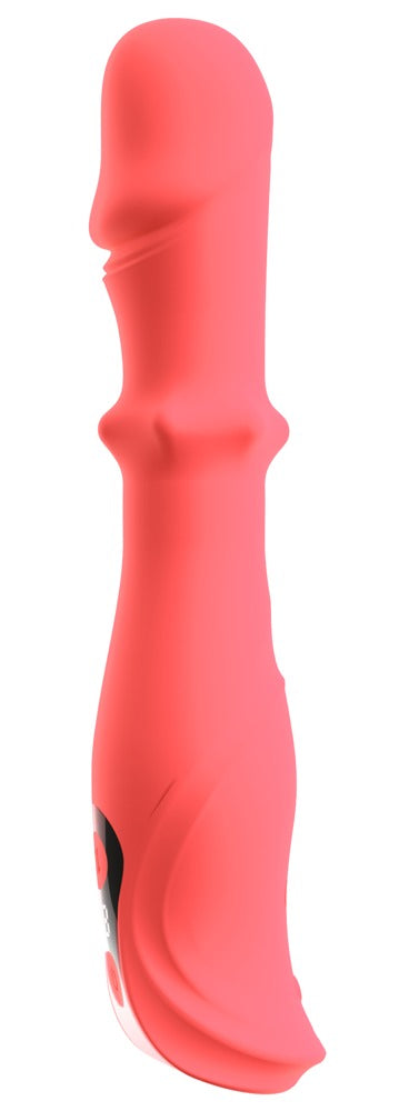 beau coeur ORYVIA Vibrator in Pink in Rückansicht mit schlanker Silikonform und schwarzem Bedienbereich
