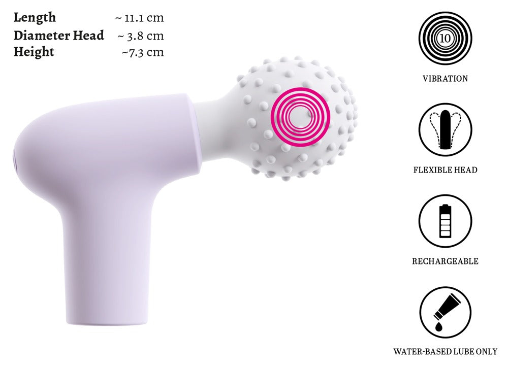 beau cœur RIONEX Mini Massager mit Noppenkopf – Funktionsübersicht mit Produktdetails und Bedienelementen