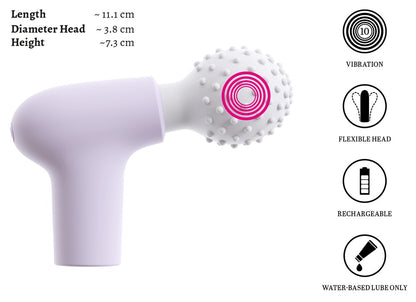 beau cœur RIONEX Mini Massager mit Noppenkopf – Funktionsübersicht mit Produktdetails und Bedienelementen