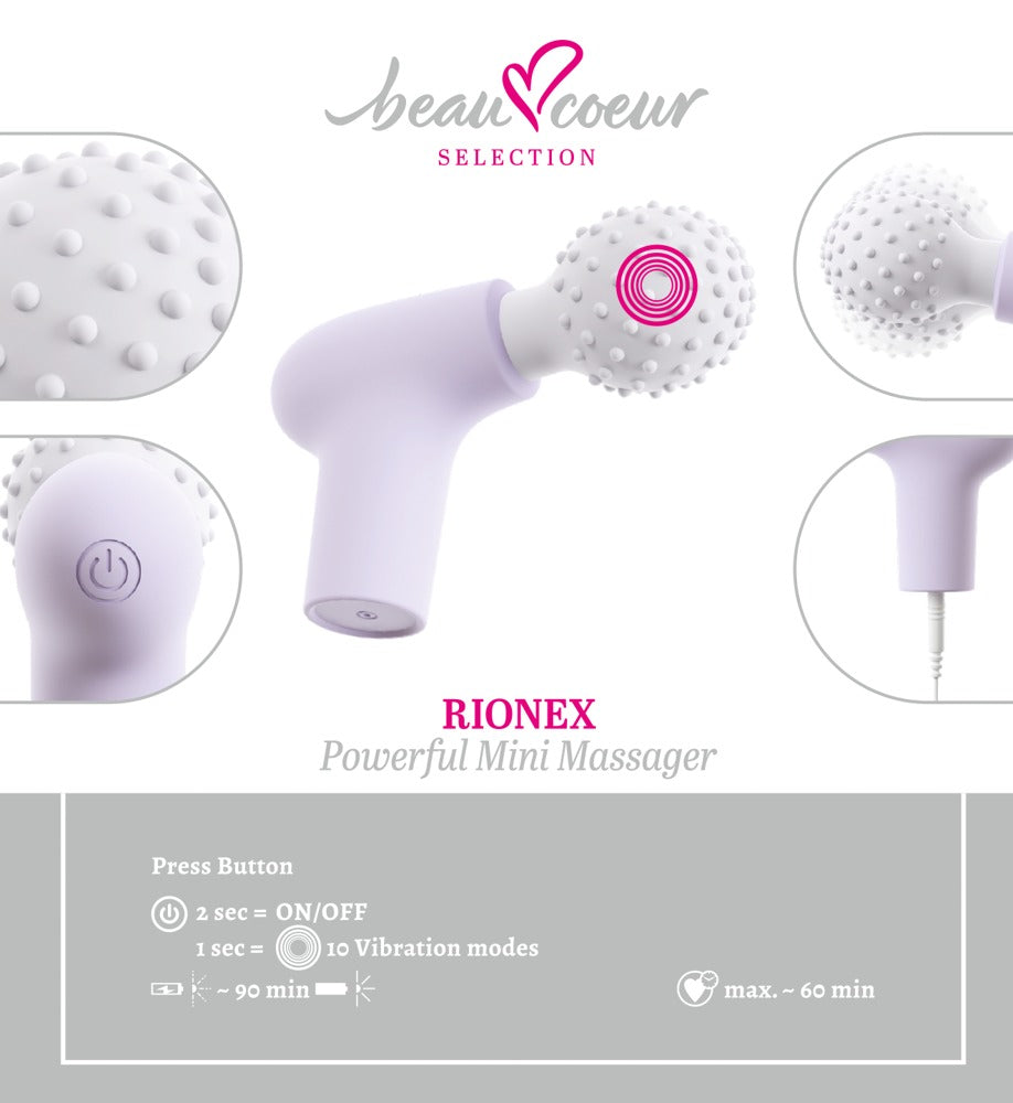 beau cœur RIONEX Mini Massager – Informationsgrafik mit Detailansichten des genoppten Massagekopfs und Produkteigenschaften