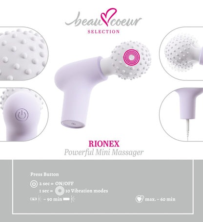beau cœur RIONEX Mini Massager – Informationsgrafik mit Detailansichten des genoppten Massagekopfs und Produkteigenschaften