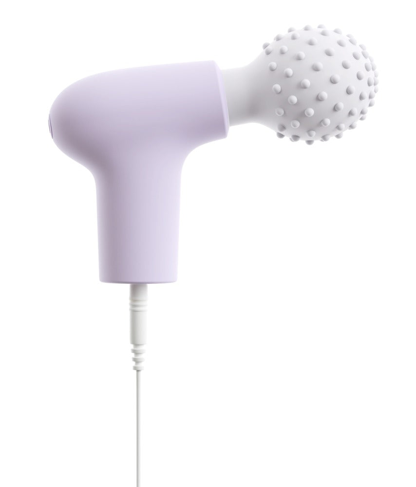 beau cœur RIONEX Mini Massager in Lila – rückseitige Produktansicht mit gebogenem Griff und rundem Noppenkopf