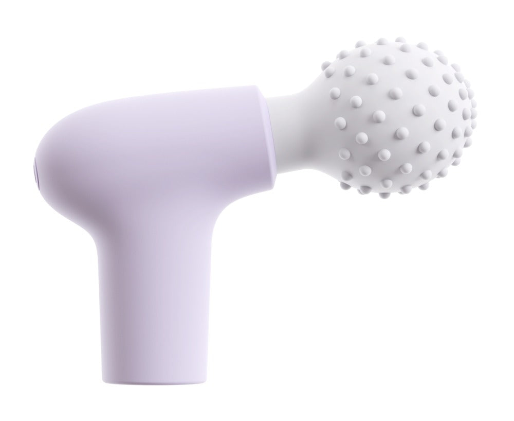 beau cœur RIONEX Mini Massager in Lila – Seitenansicht mit ergonomisch abgewinkeltem Griff und genopptem Massagekopf