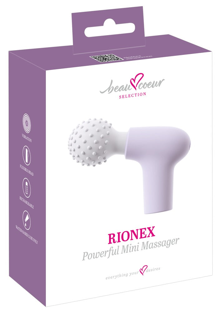 beau cœur RIONEX Mini Massager mit Noppenkopf – Produktansicht zusammen mit der violett-weißen Verpackung