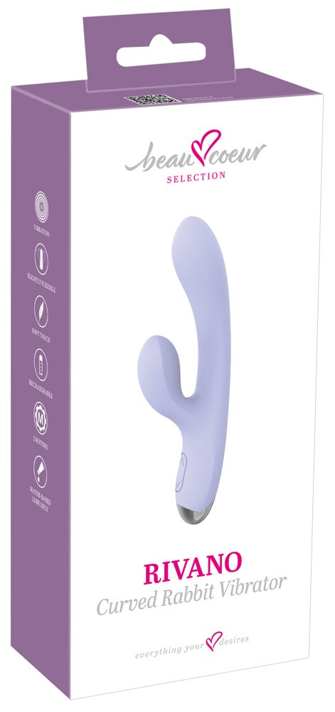 beau cœur RIVANO Curved Rabbit Vibrator in Lila – Produktansicht zusammen mit der violett-weißen Verpackung