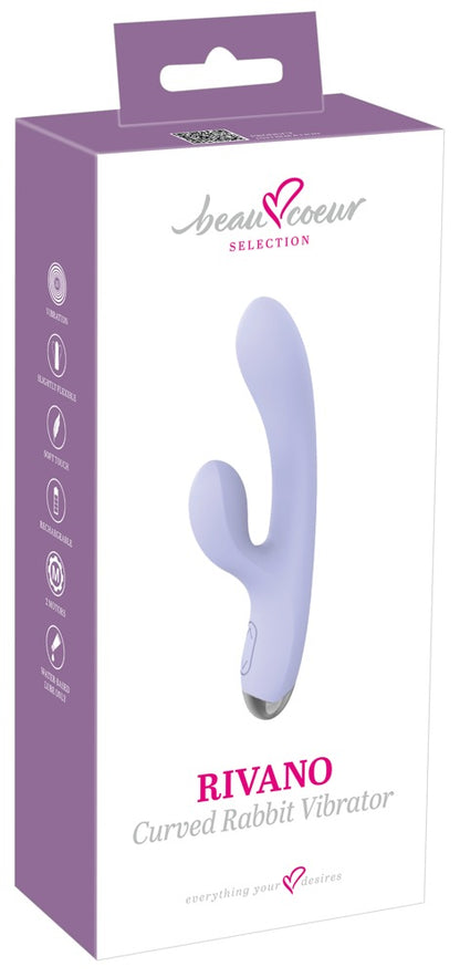 beau cœur RIVANO Curved Rabbit Vibrator in Lila – Produktansicht zusammen mit der violett-weißen Verpackung
