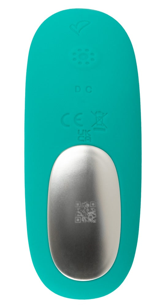 beau cœur SYLORA Rabbit Vibrator in Türkis – Unteransicht des Sockels mit ovalem Bedienelement