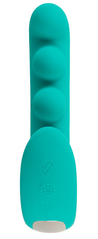 beau cœur SYLORA Rabbit Vibrator in Türkis – Frontansicht mit mehreren übereinander angeordneten Kugelstrukturen
