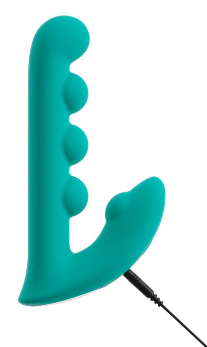 beau cœur SYLORA Rabbit Vibrator in Türkis – aufrechte Produktansicht mit Kugelstrukturen, Stimulationsarm und angeschlossenem Ladekabel