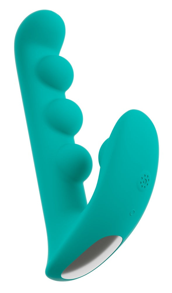 beau cœur SYLORA Rabbit Vibrator in Türkis – Seitenansicht mit dynamischen Kugelstrukturen und gebogenem Stimulationsarm