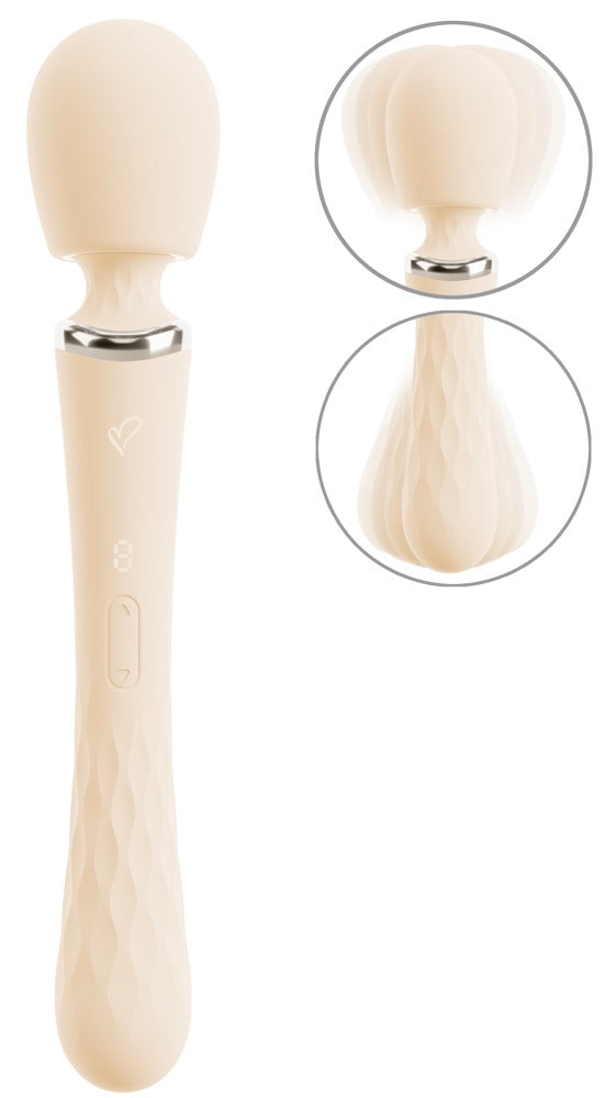 beau cœur TAVIRO Big Wand Massager in Creme – Produktansicht mit Detailansichten des runden Massagekopfs und des strukturierten Griffbereichs