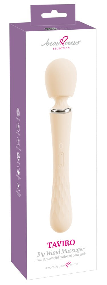 beau cœur TAVIRO Big Wand Massager in Creme – Produktansicht zusammen mit der violett-weißen Verpackung