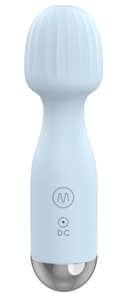 beau cœur VANYOR Mini Wand Massager in Hellblau – frontale Produktansicht mit rundem Massagekopf und silberfarbenem Fuß