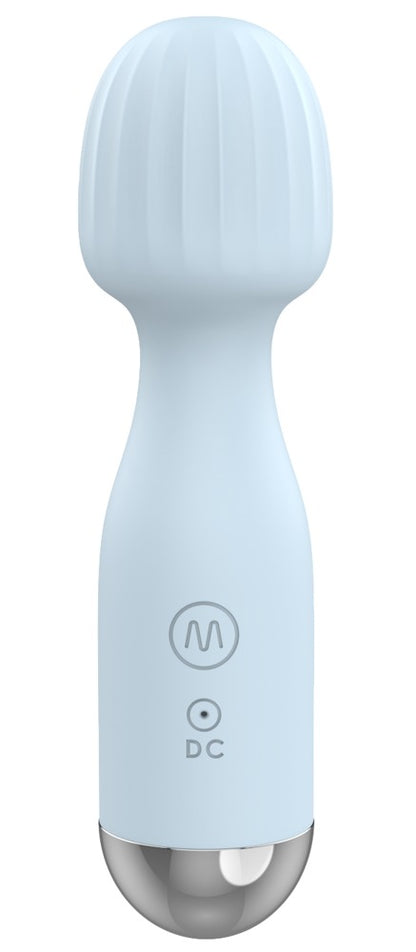 beau cœur VANYOR Mini Wand Massager in Hellblau – frontale Produktansicht mit rundem Massagekopf und silberfarbenem Fuß