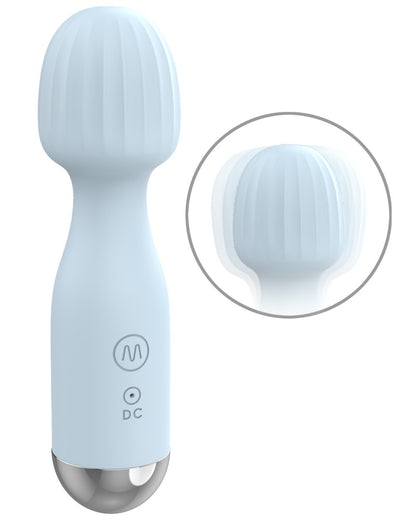 beau cœur VANYOR Mini Wand Massager in Hellblau – Produktansicht mit Detailansicht des strukturierten Massagekopfs
