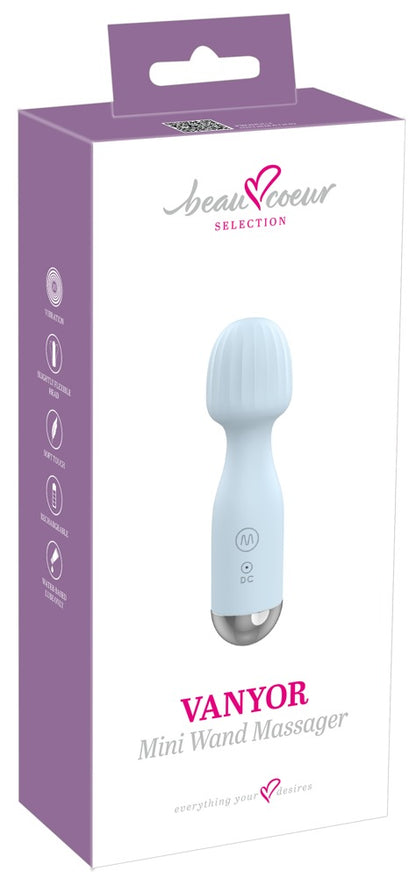 beau cœur VANYOR Mini Wand Massager in Hellblau – Produktansicht zusammen mit der violett-weißen Verpackung