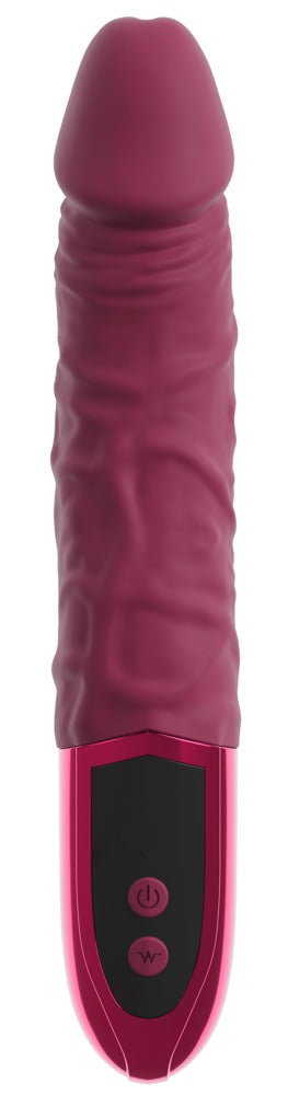 beau coeur VARELO Naturvibrator in Rot in Vorderansicht mit realistischer Form, ausgeprägter Äderung und Bedienfeld am Griff