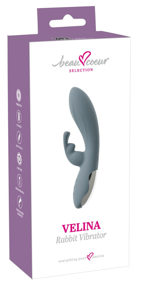 beau cœur VELINA Rabbit Vibrator mit Dual-Vibration – Produktansicht zusammen mit der violett-weißen Verpackung