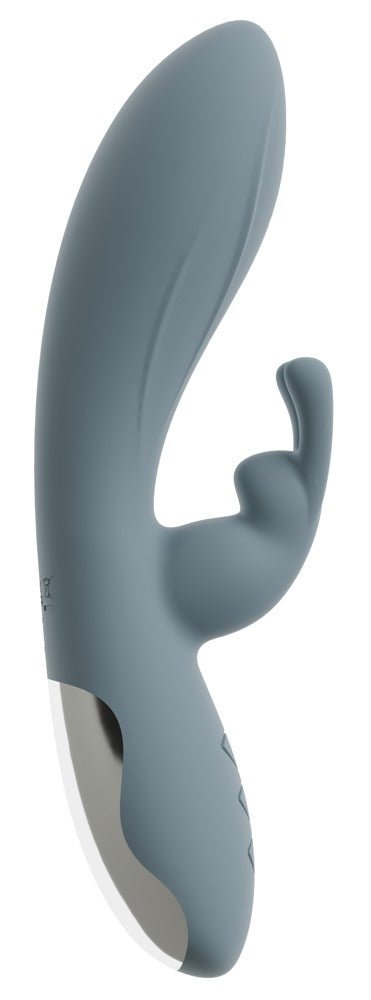beau cœur VELINA Rabbit Vibrator in Dunkelgrau – Seitenansicht mit gebogenem Schaft und seitlichem Stimulationsarm