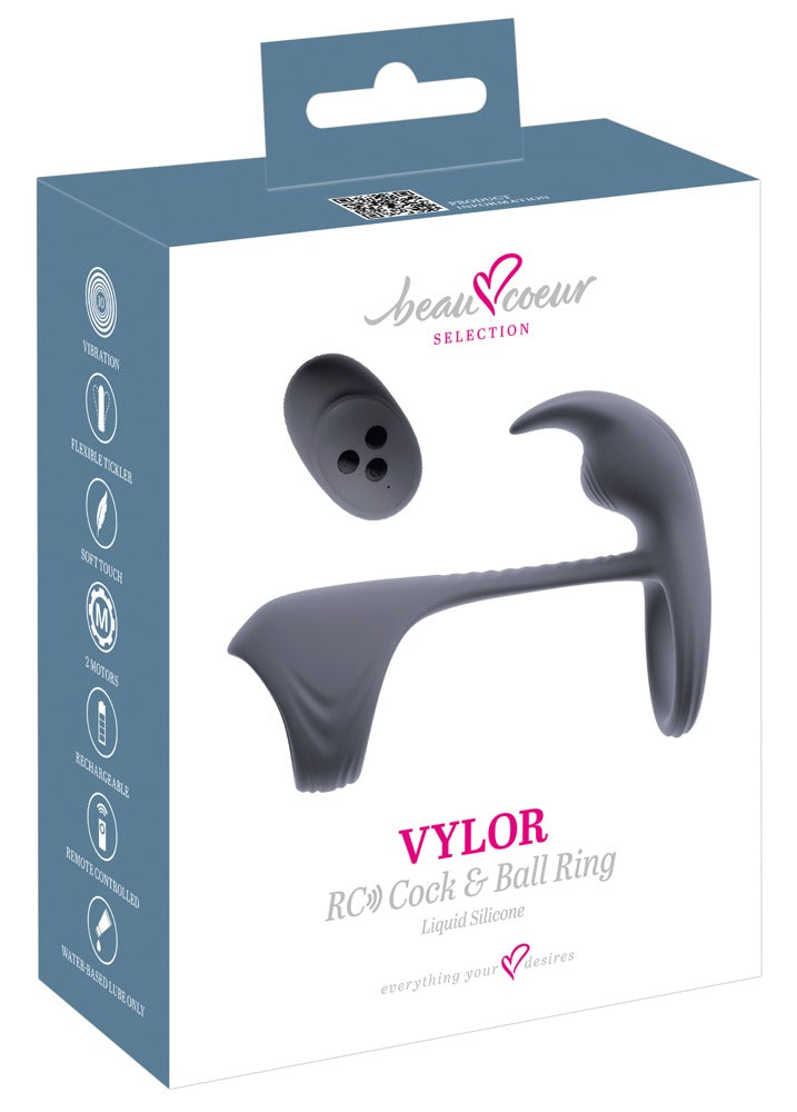 beau cœur VYLOR vibrierender Penisring mit Klitoris-Stimulator – Produktansicht zusammen mit der blau-weißen Verpackung