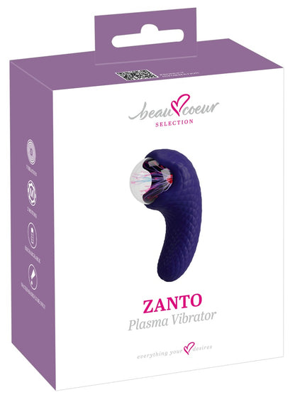 beau cœur ZANTO Plasma Vibrator mit Dual-Vibration – Produktansicht zusammen mit der violett-weißen Verpackung