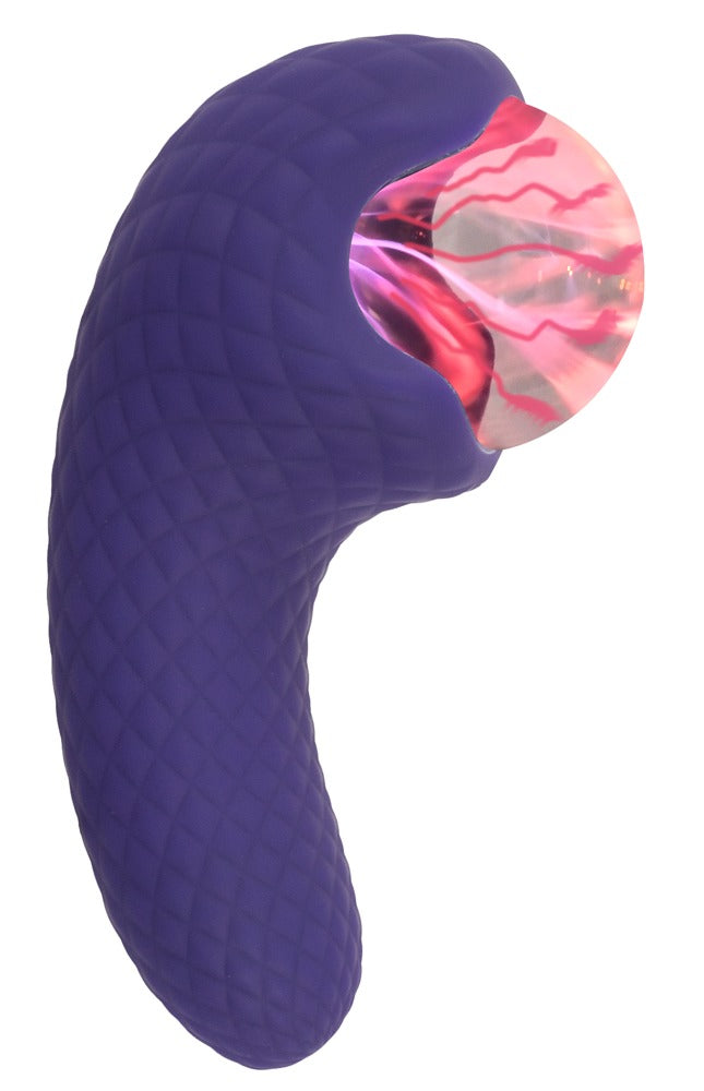 beau cœur ZANTO Plasma Vibrator in Dunkelviolett – Seitenansicht mit grafischer Darstellung der Plasma-Funktion am Stimulationskopf