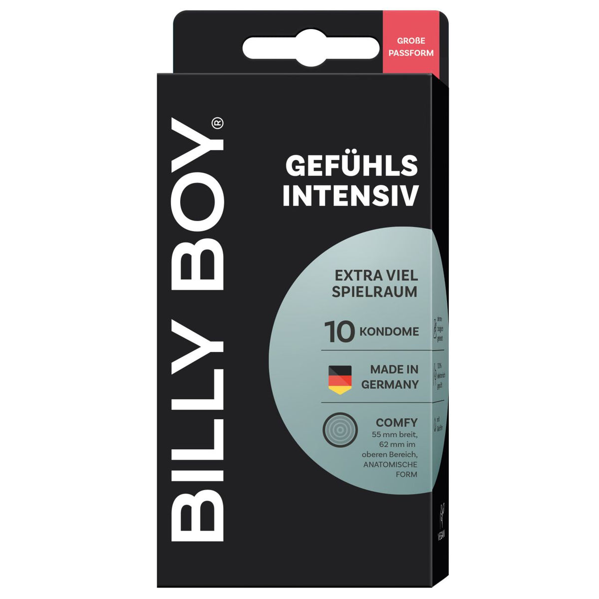 BILLY BOY Gefühlsintensiv Kondome – Frontansicht der schwarzen Verpackung mit Hinweis auf extra viel Freiraum