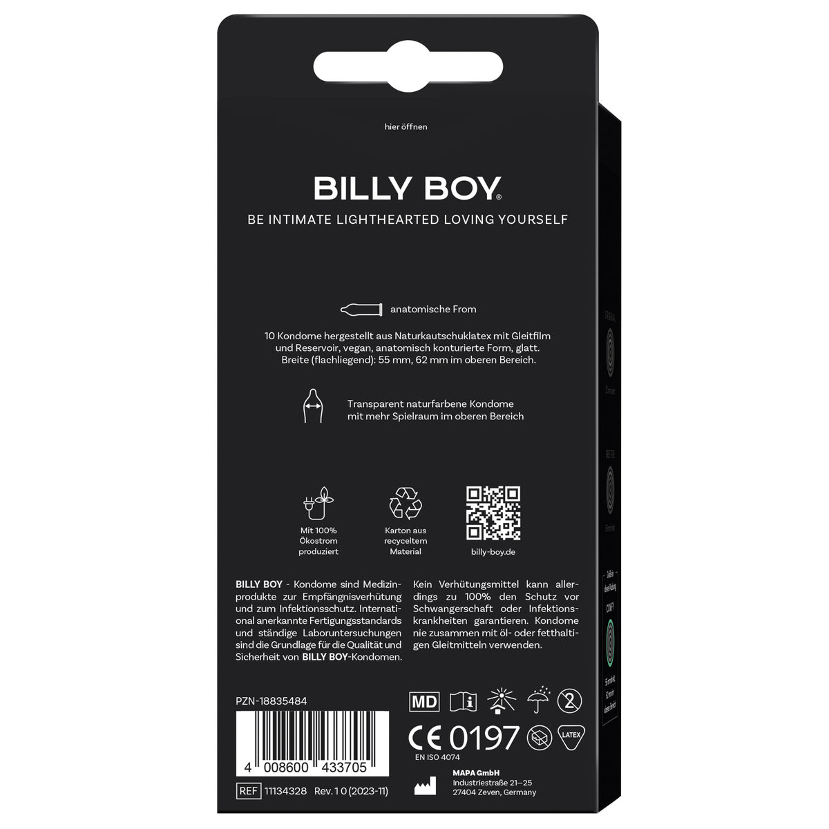 BILLY BOY Gefühlsintensiv Kondome – Rückseite der schwarzen Verpackung mit Produktinformationen und Anwendungshinweisen