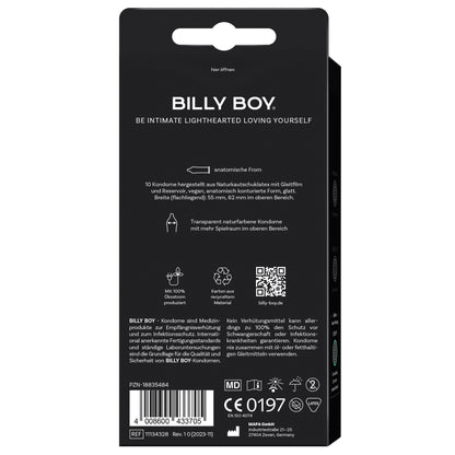 BILLY BOY Gefühlsintensiv Kondome – Rückseite der schwarzen Verpackung mit Produktinformationen und Anwendungshinweisen