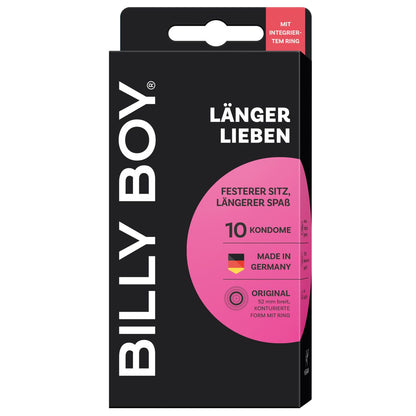 BILLY BOY Länger Lieben Kondome 52 mm – Rückseite der schwarzen Verpackung mit pinkfarbenem Produktbereich und Produktinformationen