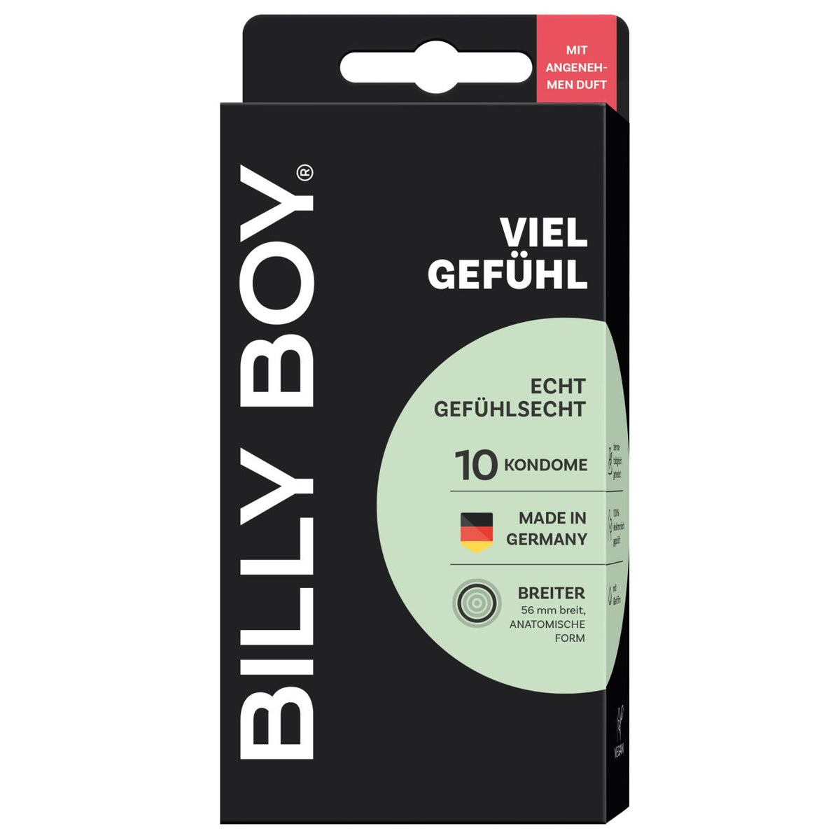 BILLY BOY Viel Gefühl Kondome 56 mm – Rückseite der schwarzen Verpackung mit Produktinformationen