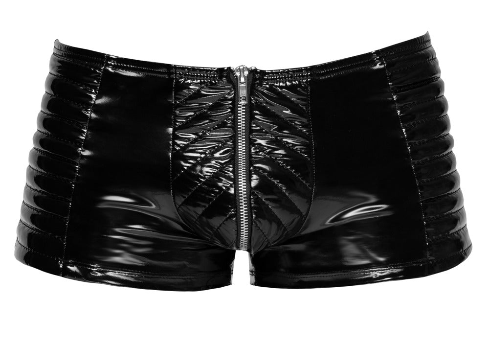 Schwarze Black Level Biker-Lack-Pants mit Steppungen und Front-Zip in der Vorderansicht