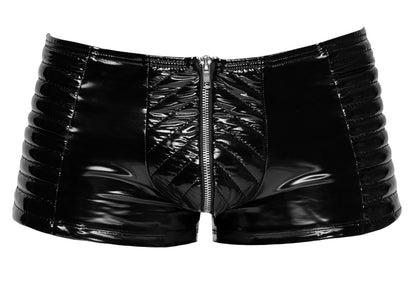 Schwarze Black Level Biker-Lack-Pants mit Steppungen und Front-Zip in der Vorderansicht