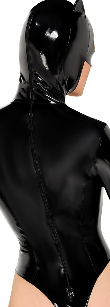 Detailansicht des Black Level Lack-Bodys mit Cat-Maske und Schnürung im Rückenbereich