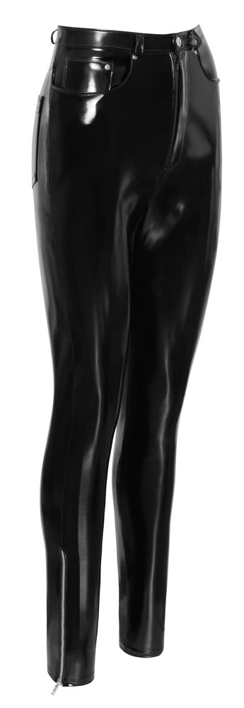 Schwarze Black Level Lack-Hose im 5-Pocket-Style in der Seitenansicht