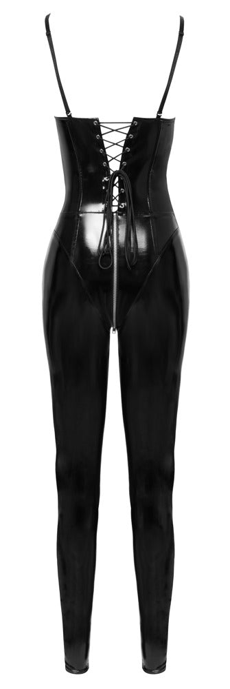 Schwarzer Black Level Lack-Overall im Corsagen-Style mit 3-Wege-Zip in der Rückansicht